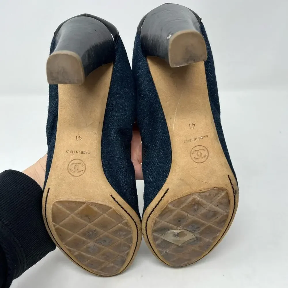 Chanel Ballet Cap Toe Leather Pump Black Denim Spirit Stretch Pump Vintage 41